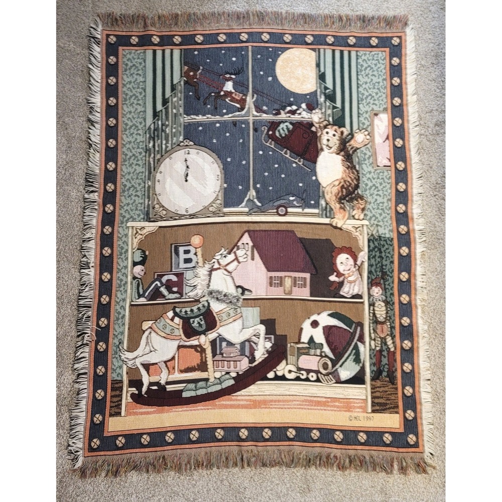 Vtg 1997 Goodwin Weavers Christmas Toy Shelf Woven Cotton Throw Blanket 45x62